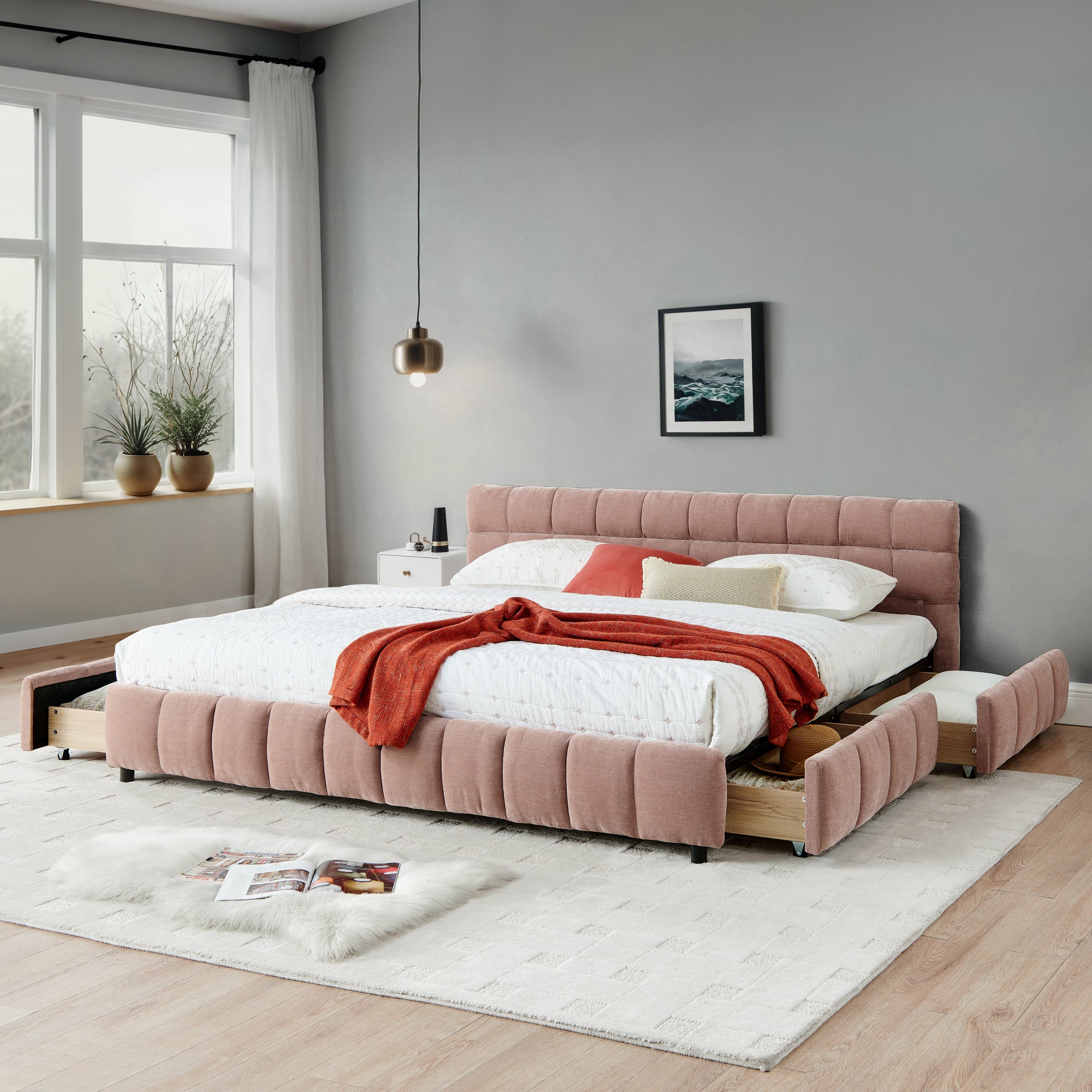 California King size Upholstered Bed ,comfortable upholstered bed frame, Chenille fabric, with headboard and solid bed frame. With drawer for storage.-Pink(90.5''*80.5''*31'')