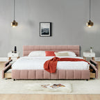 California King size Upholstered Bed ,comfortable upholstered bed frame, Chenille fabric, with headboard and solid bed frame. With drawer for storage.-Pink(90.5''*80.5''*31'')