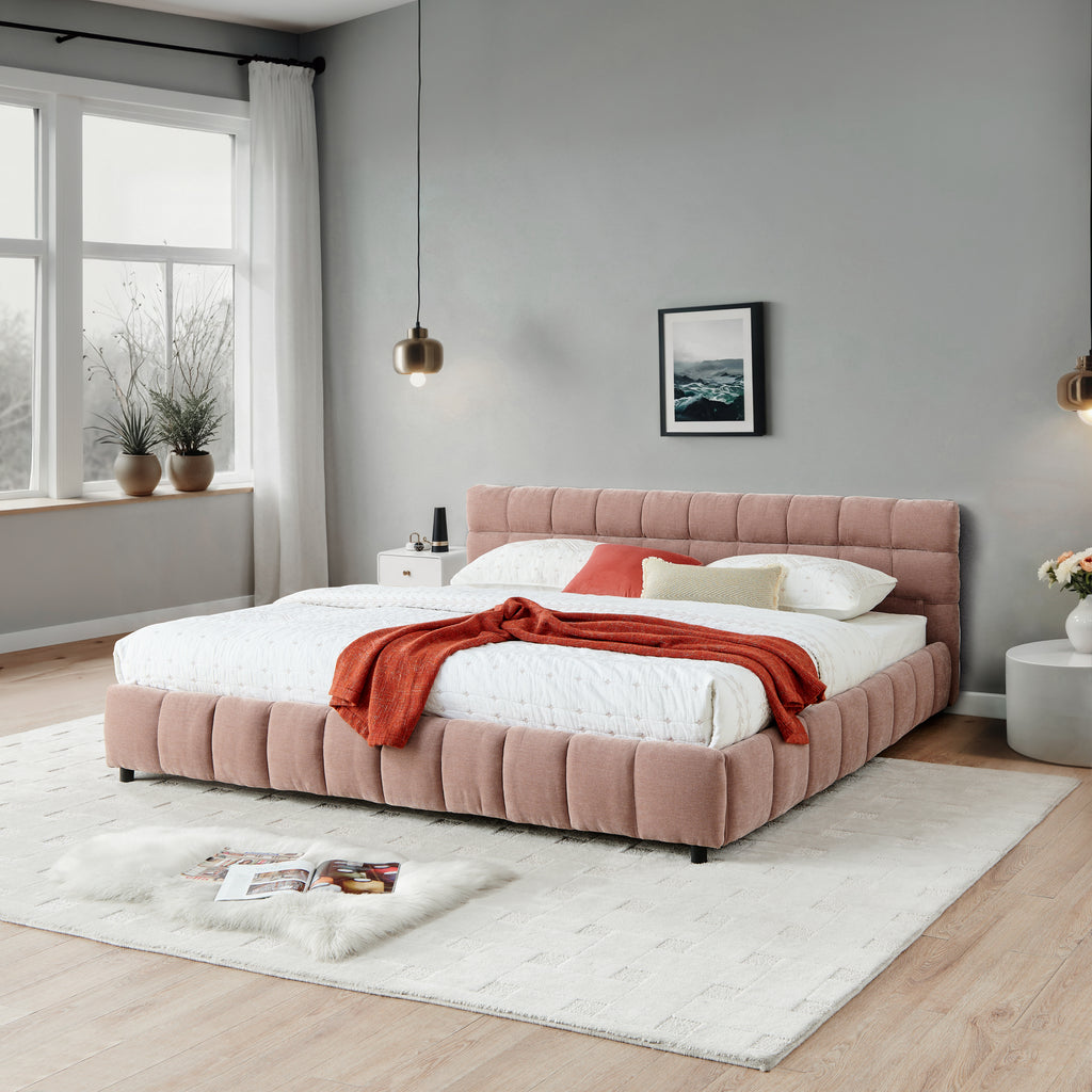 California King size Upholstered Bed ,comfortable upholstered bed frame, Chenille fabric, with headboard and solid bed frame. With drawer for storage.-Pink(90.5''*80.5''*31'')
