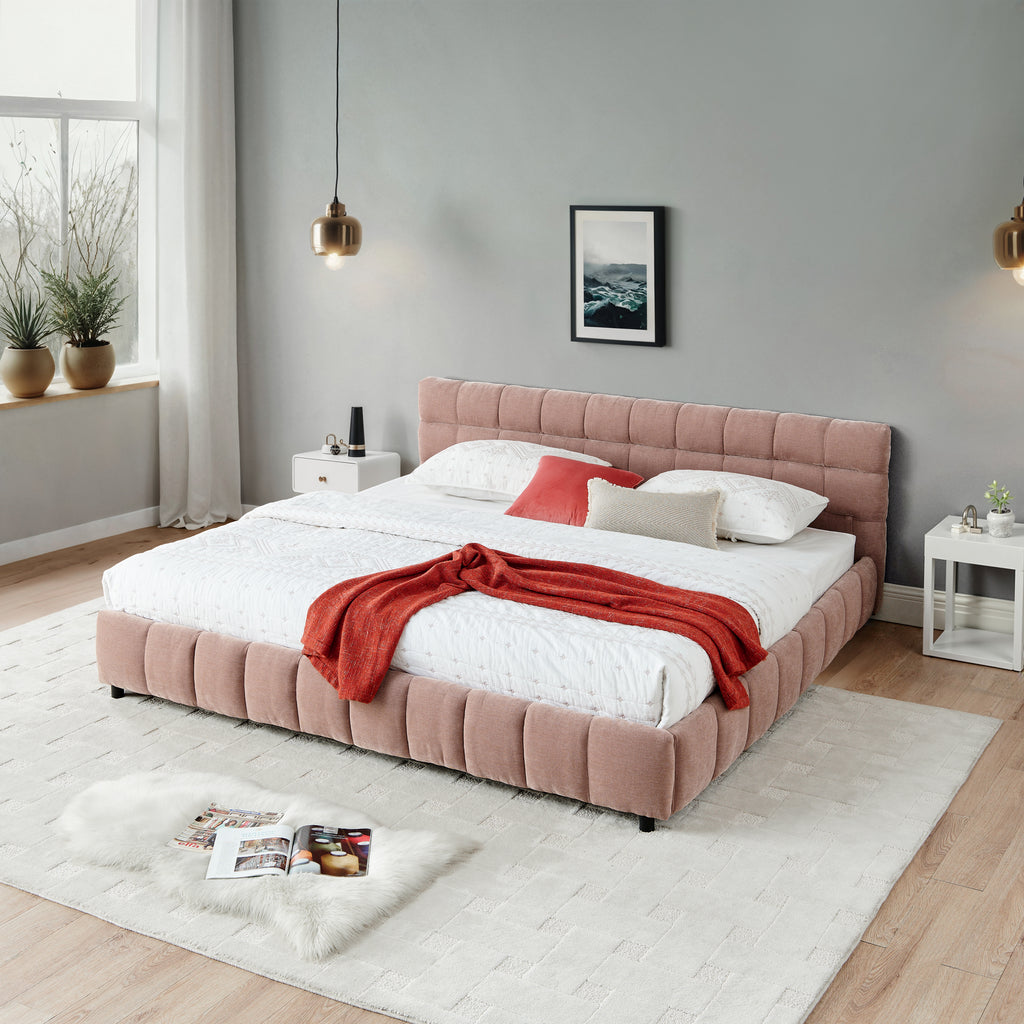 California King size Upholstered Bed ,comfortable upholstered bed frame, Chenille fabric, with headboard and solid bed frame. With drawer for storage.-Pink(90.5''*80.5''*31'')