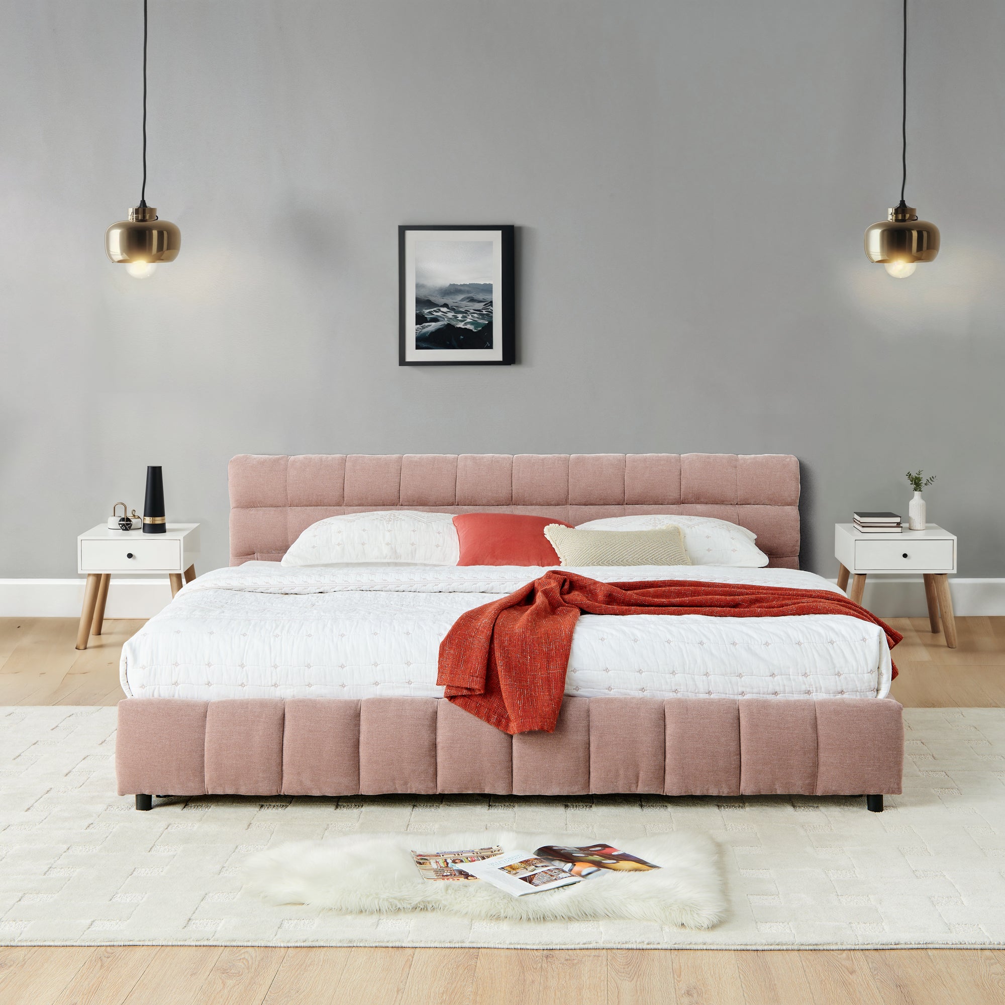 California King size Upholstered Bed ,comfortable upholstered bed frame, Chenille fabric, with headboard and solid bed frame. With drawer for storage.-Pink(90.5''*80.5''*31'')