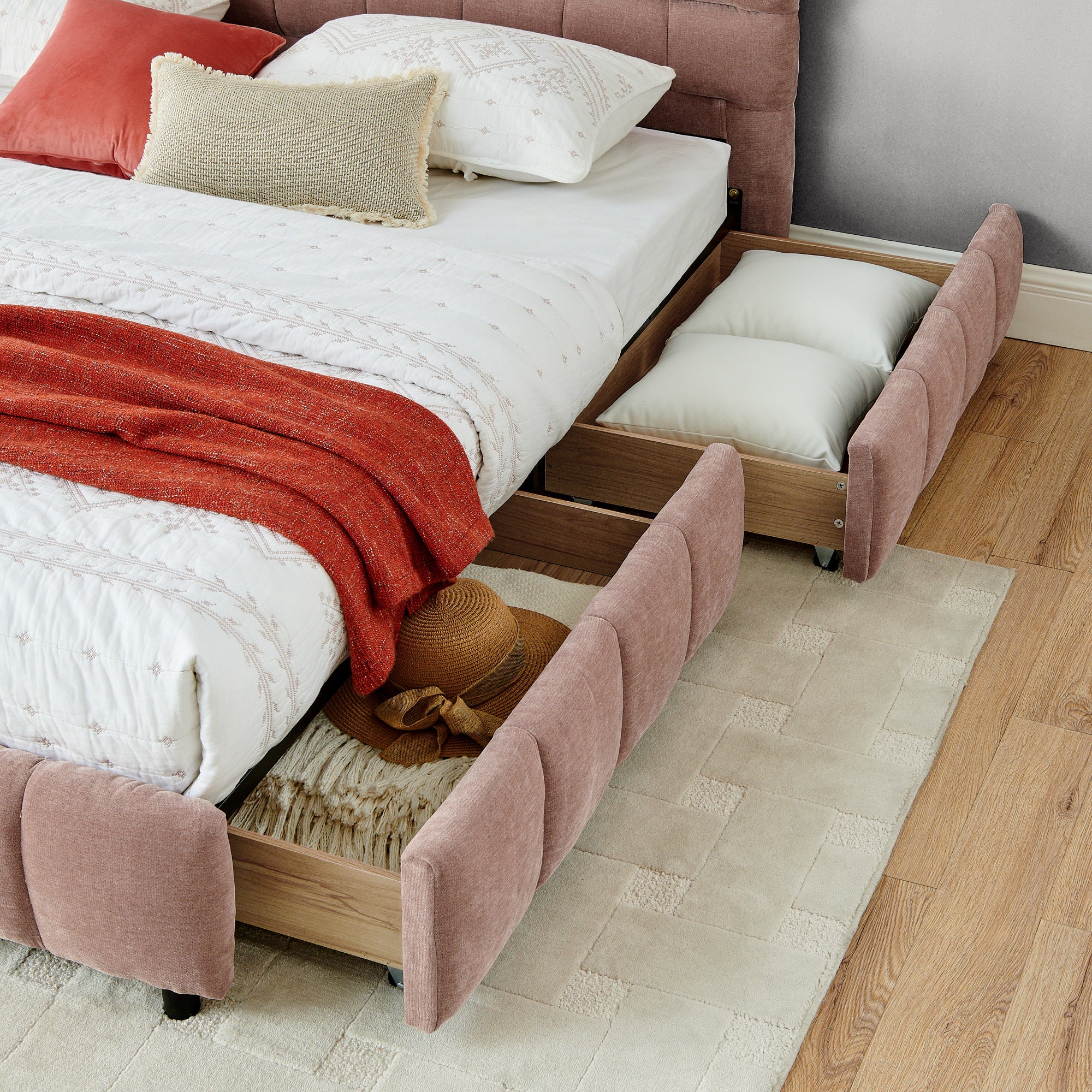 California King size Upholstered Bed ,comfortable upholstered bed frame, Chenille fabric, with headboard and solid bed frame. With drawer for storage.-Pink(90.5''*80.5''*31'')