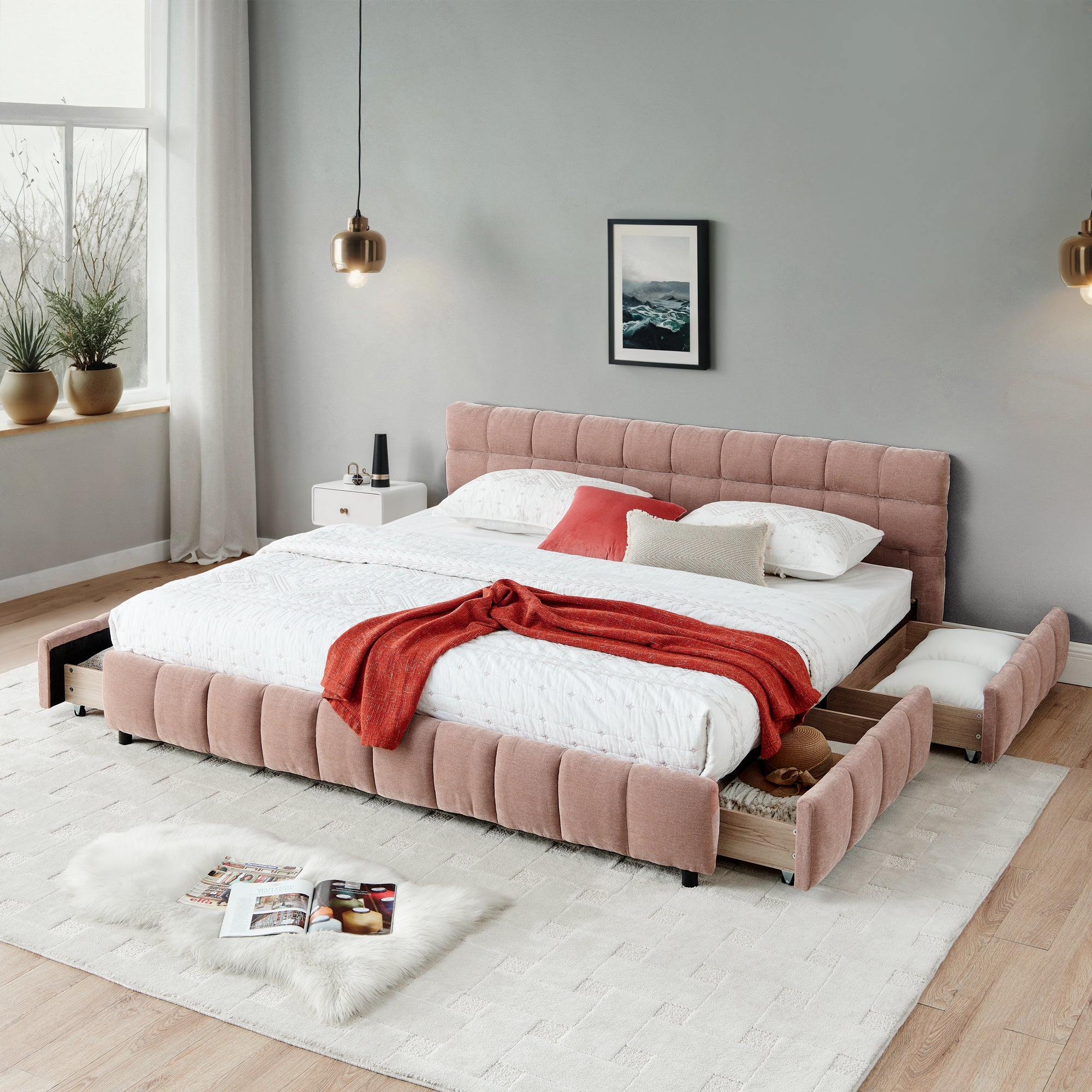 California King size Upholstered Bed ,comfortable upholstered bed frame, Chenille fabric, with headboard and solid bed frame. With drawer for storage.-Pink(90.5''*80.5''*31'')