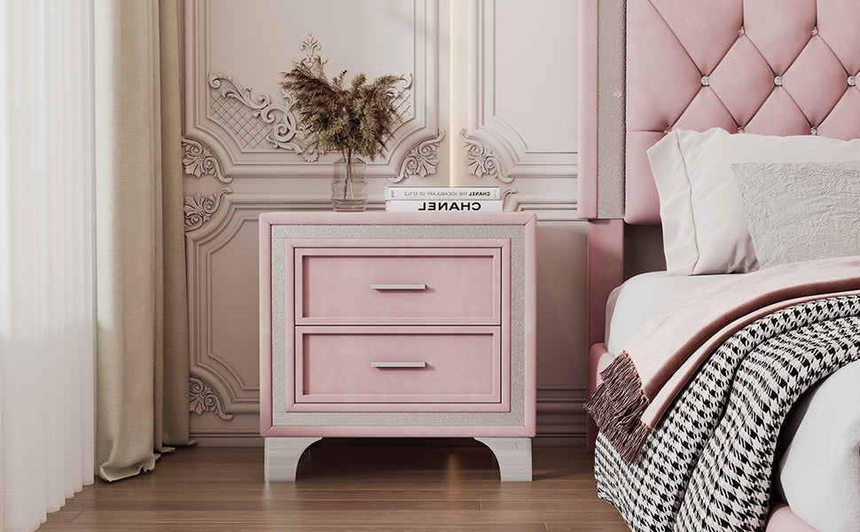 Mid Century Vintage Nightstand with Metal Legs for Bedroom, Velvet Bedside Table with 2 Drawers, Fully Assembled Except Legs and Handles, Pink