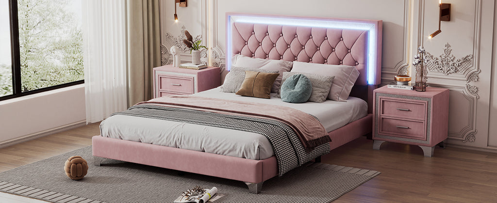 3-Pieces Bedroom Sets,Queen Size Upholstered Platform Bed with LED Lights and Two Nightstands-Pink