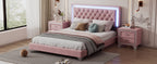3-Pieces Bedroom Sets,Queen Size Upholstered Platform Bed with LED Lights and Two Nightstands-Pink
