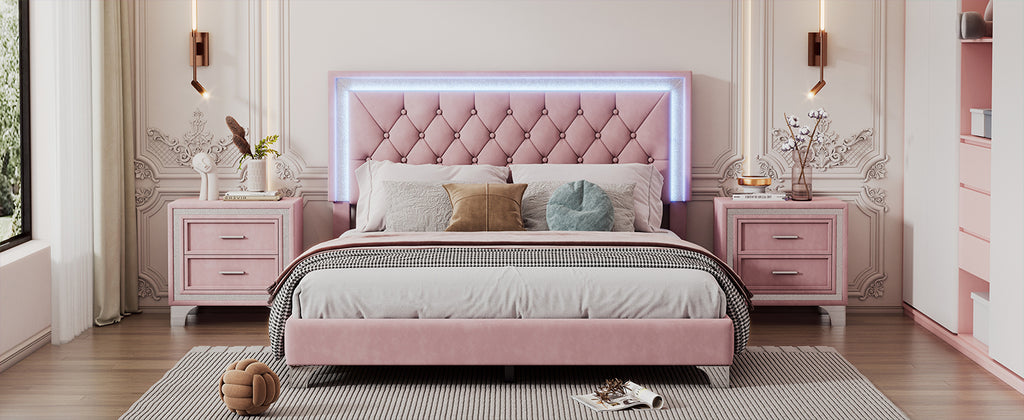 3-Pieces Bedroom Sets,Queen Size Upholstered Platform Bed with LED Lights and Two Nightstands-Pink