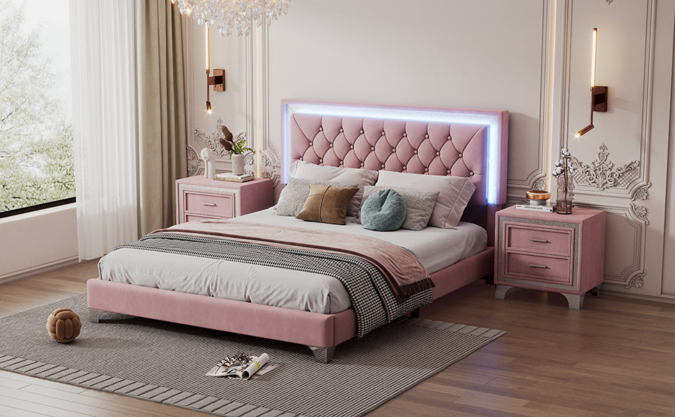 3-Pieces Bedroom Sets,Queen Size Upholstered Platform Bed with LED Lights and Two Nightstands-Pink