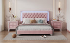 3-Pieces Bedroom Sets,Queen Size Upholstered Platform Bed with LED Lights and Two Nightstands-Pink