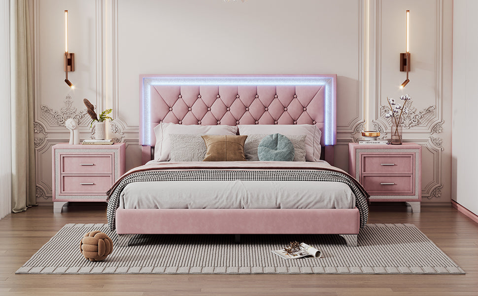 3-Pieces Bedroom Sets,Queen Size Upholstered Platform Bed with LED Lights and Two Nightstands-Pink