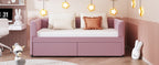 Twin Size Upholstered Daybed with Ergonomic Design Backrest and 2 Drawers, Pink