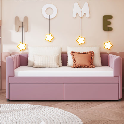 Twin Size Upholstered Daybed with Ergonomic Design Backrest and 2 Drawers, Pink