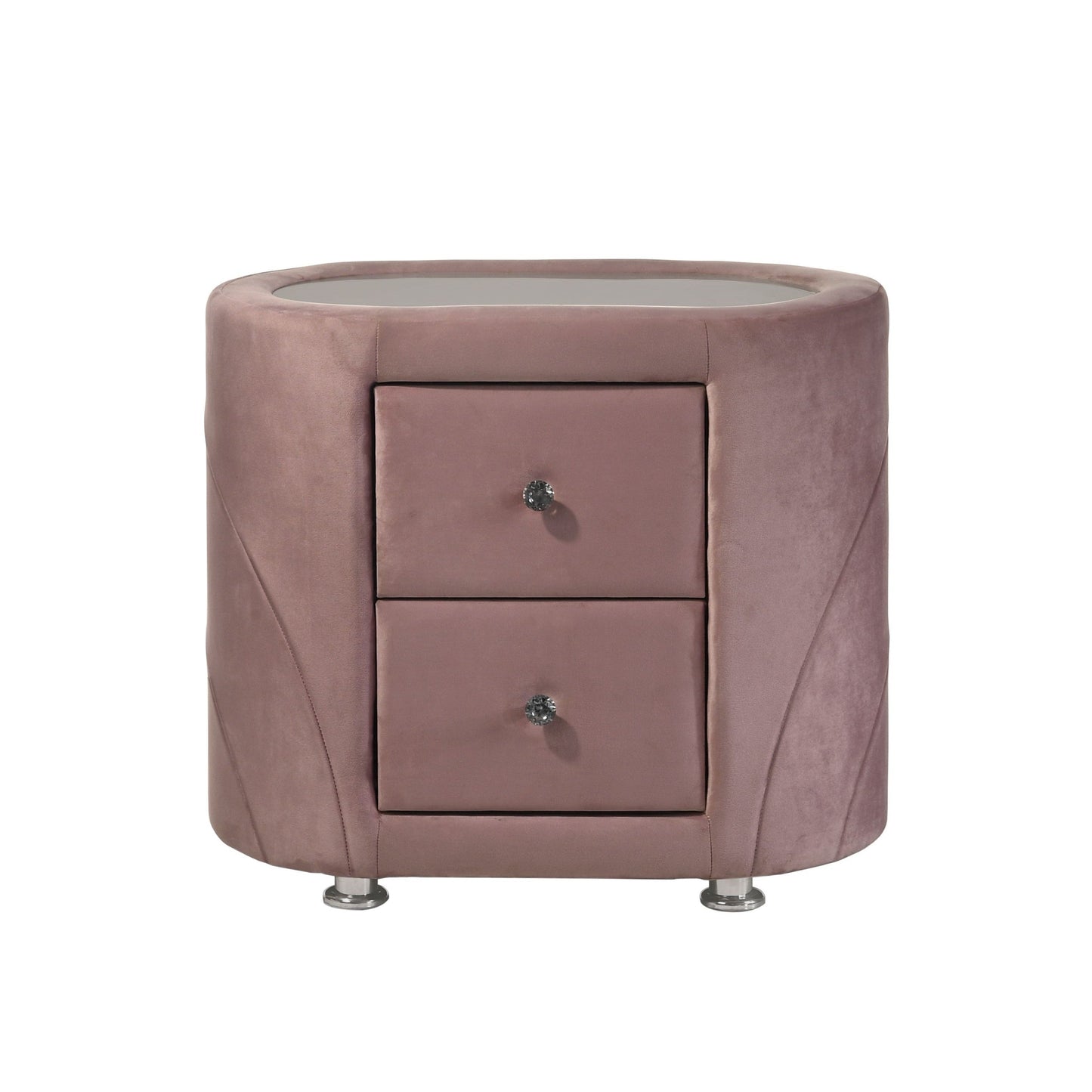 1pc Pink Velvet Upholstered Gorgeous Nightstand of Two Drawers Wooden Bedroom Furniture Chrome Metal Legs
