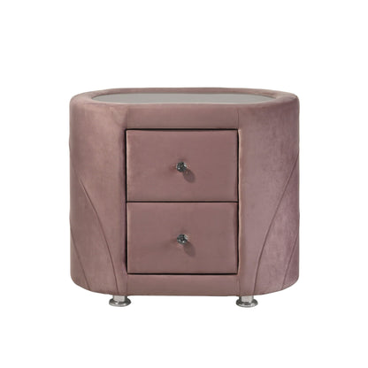 1pc Pink Velvet Upholstered Gorgeous Nightstand of Two Drawers Wooden Bedroom Furniture Chrome Metal Legs