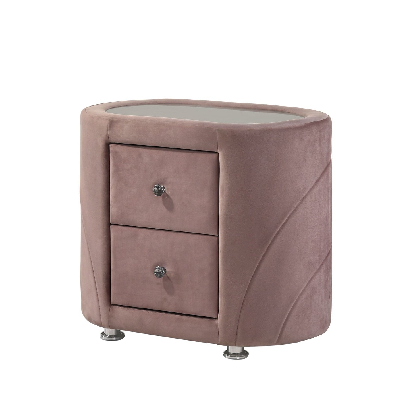 1pc Pink Velvet Upholstered Gorgeous Nightstand of Two Drawers Wooden Bedroom Furniture Chrome Metal Legs