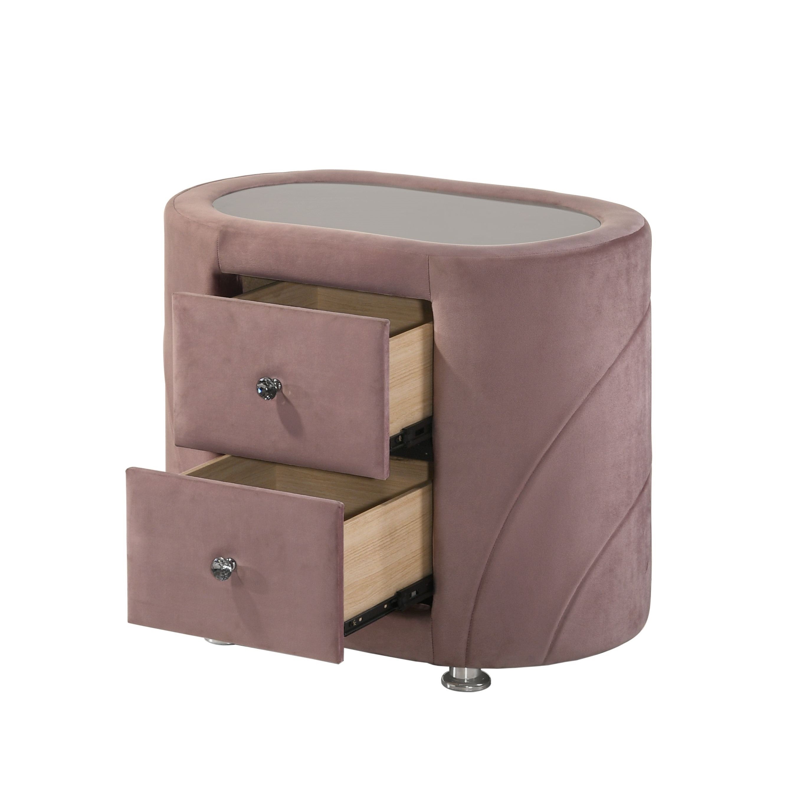 1pc Pink Velvet Upholstered Gorgeous Nightstand of Two Drawers Wooden Bedroom Furniture Chrome Metal Legs