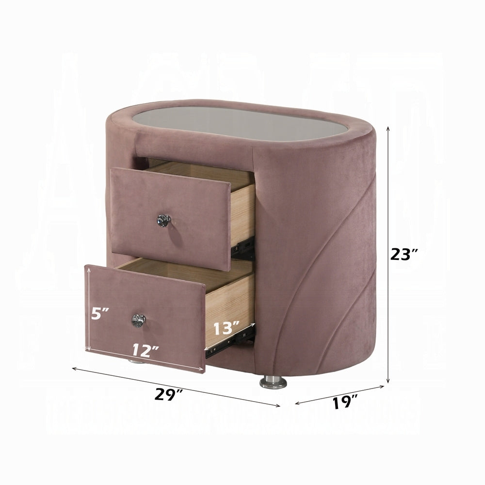 1pc Pink Velvet Upholstered Gorgeous Nightstand of Two Drawers Wooden Bedroom Furniture Chrome Metal Legs