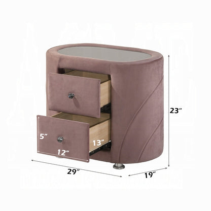 1pc Pink Velvet Upholstered Gorgeous Nightstand of Two Drawers Wooden Bedroom Furniture Chrome Metal Legs