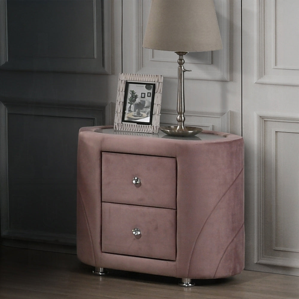 1pc Pink Velvet Upholstered Gorgeous Nightstand of Two Drawers Wooden Bedroom Furniture Chrome Metal Legs