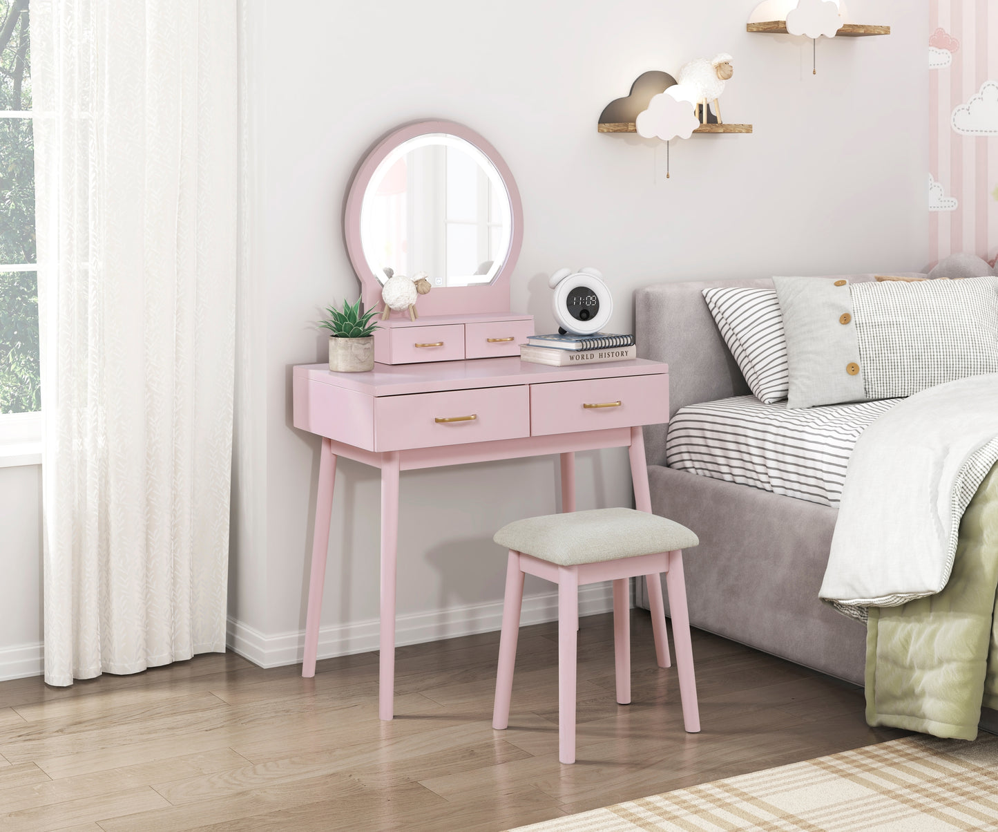 Beautiful Pink Finish Vanity Dresser with Mirror and Stool Set Storage Drawers Bedroom Furniture 1pc