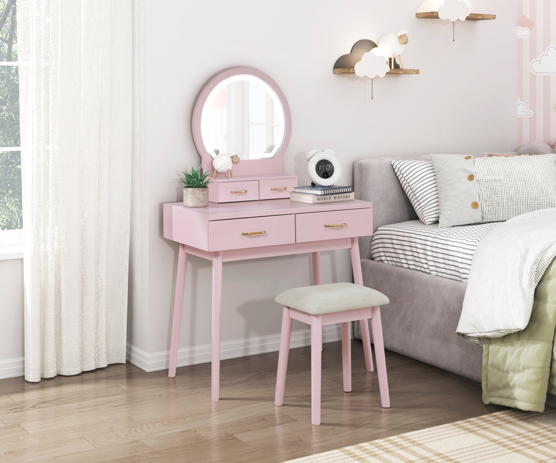 Beautiful Pink Finish Vanity Dresser with Mirror and Stool Set Storage Drawers Bedroom Furniture 1pc