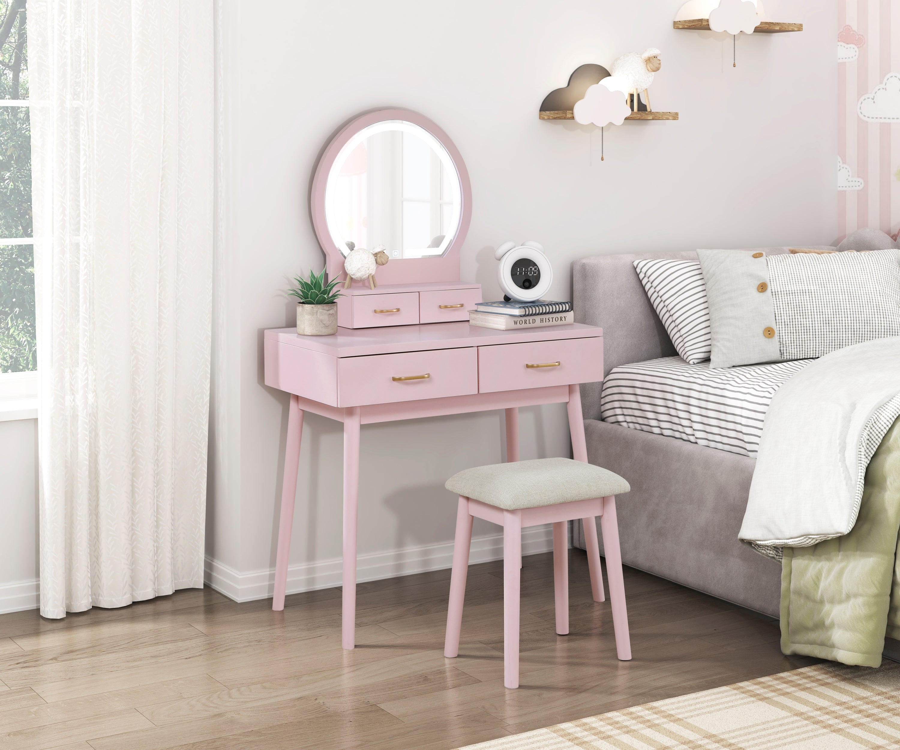 Beautiful Pink Finish Vanity Dresser with Mirror and Stool Set Storage Drawers Bedroom Furniture 1pc