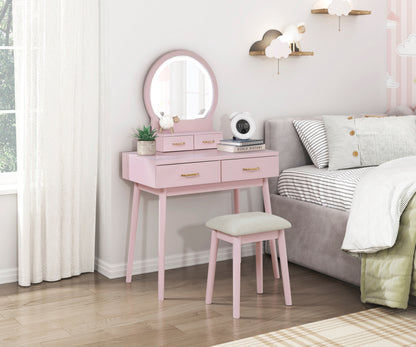 Beautiful Pink Finish Vanity Dresser with Mirror and Stool Set Storage Drawers Bedroom Furniture 1pc