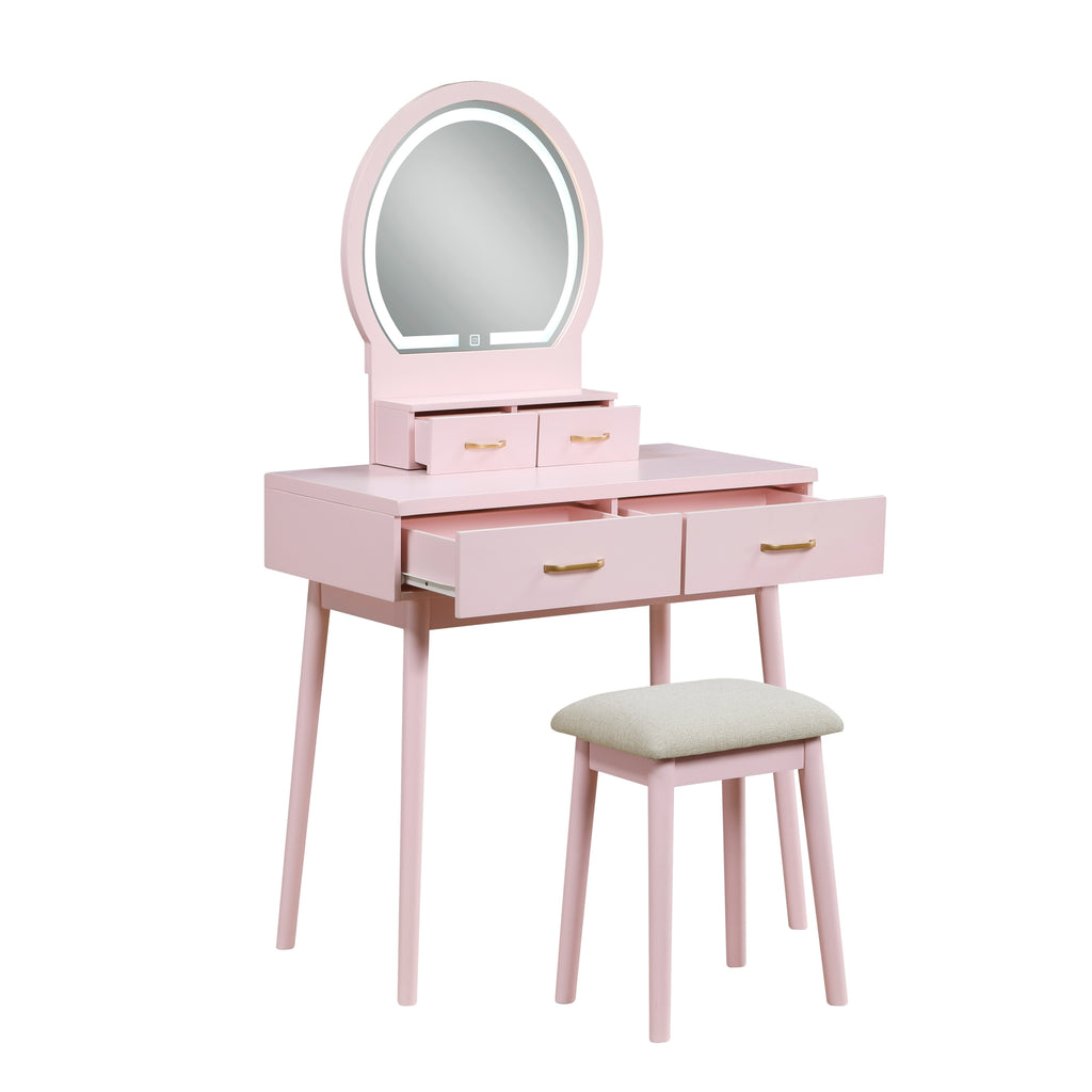 Beautiful Pink Finish Vanity Dresser with Mirror and Stool Set Storage Drawers Bedroom Furniture 1pc