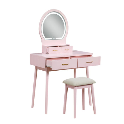 Beautiful Pink Finish Vanity Dresser with Mirror and Stool Set Storage Drawers Bedroom Furniture 1pc