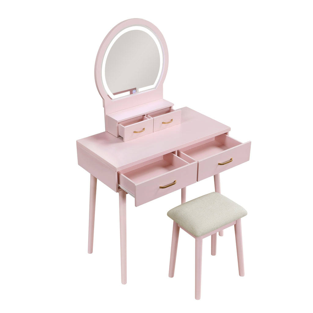 Beautiful Pink Finish Vanity Dresser with Mirror and Stool Set Storage Drawers Bedroom Furniture 1pc