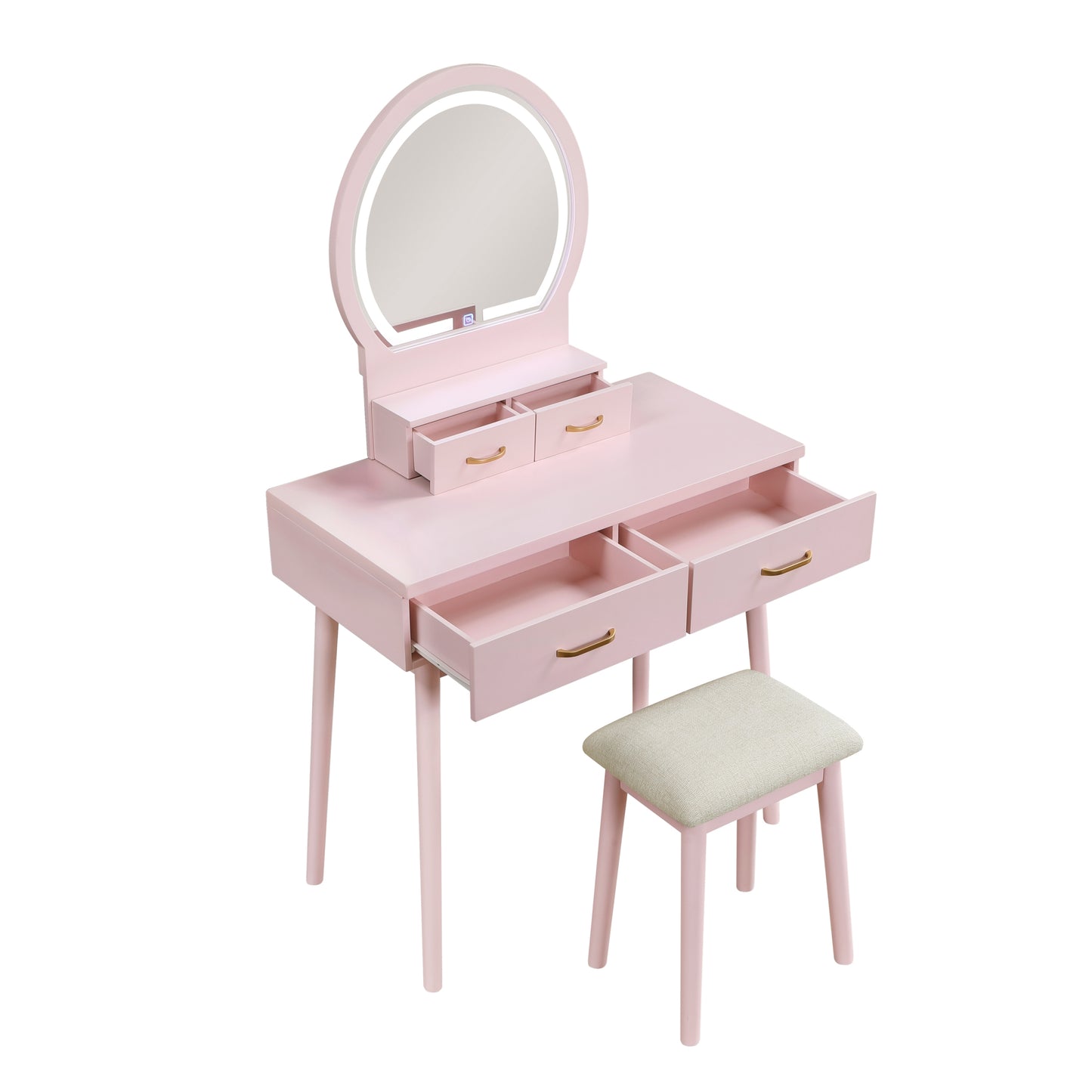Beautiful Pink Finish Vanity Dresser with Mirror and Stool Set Storage Drawers Bedroom Furniture 1pc