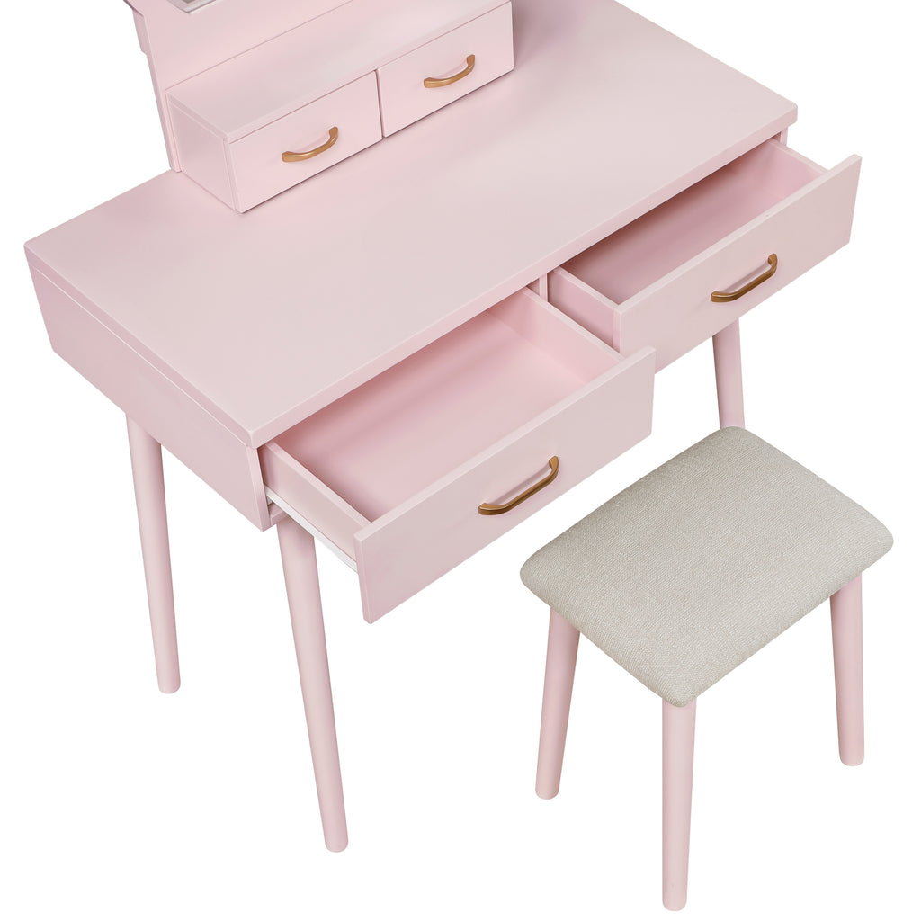 Beautiful Pink Finish Vanity Dresser with Mirror and Stool Set Storage Drawers Bedroom Furniture 1pc