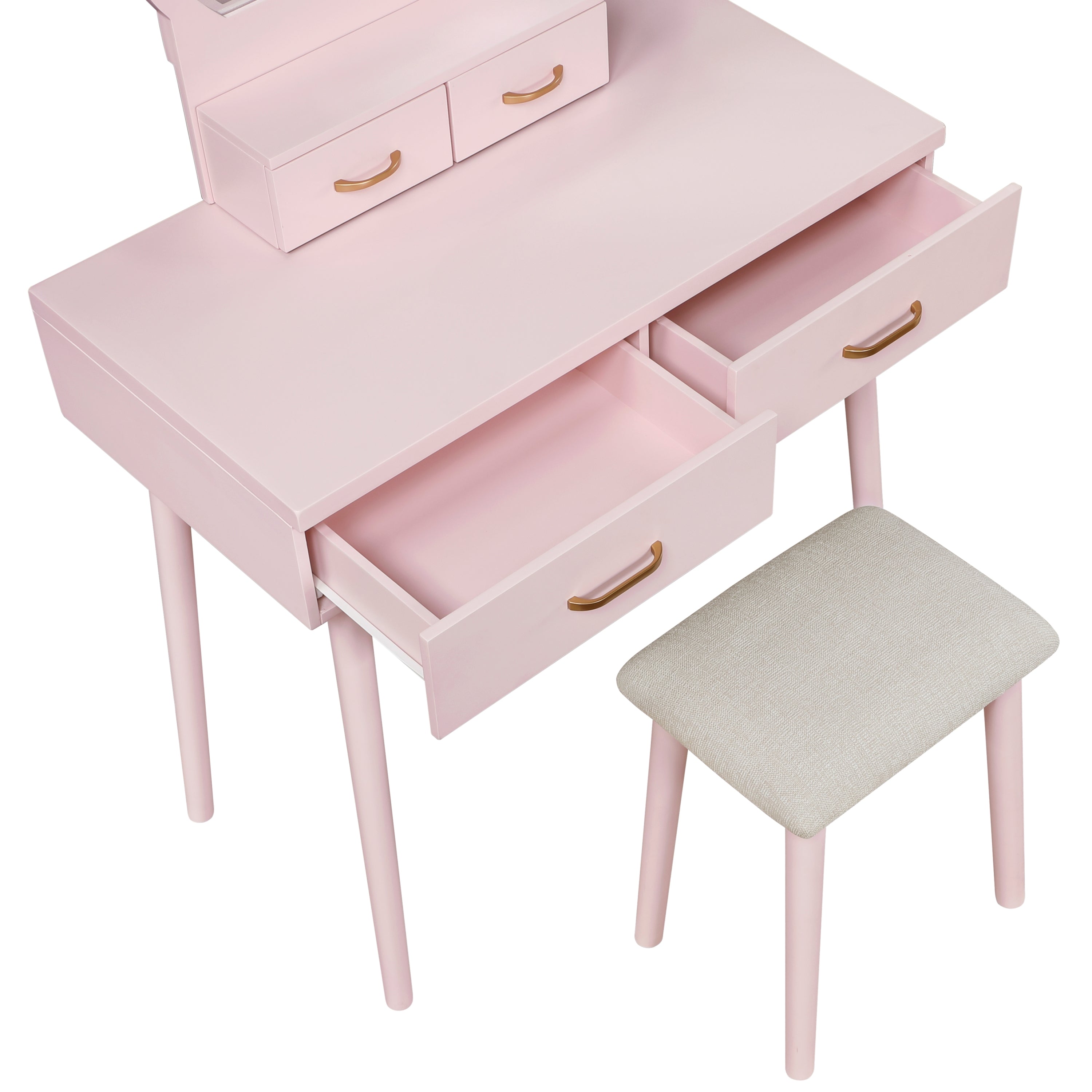 Beautiful Pink Finish Vanity Dresser with Mirror and Stool Set Storage Drawers Bedroom Furniture 1pc