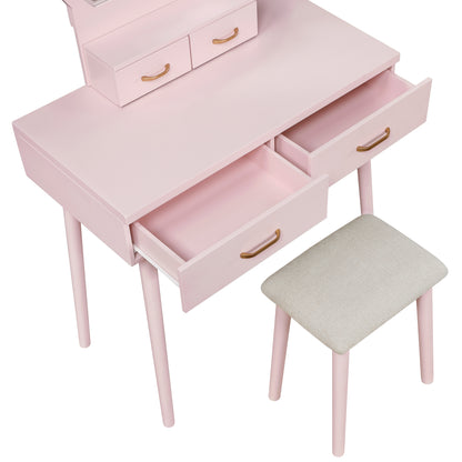 Beautiful Pink Finish Vanity Dresser with Mirror and Stool Set Storage Drawers Bedroom Furniture 1pc