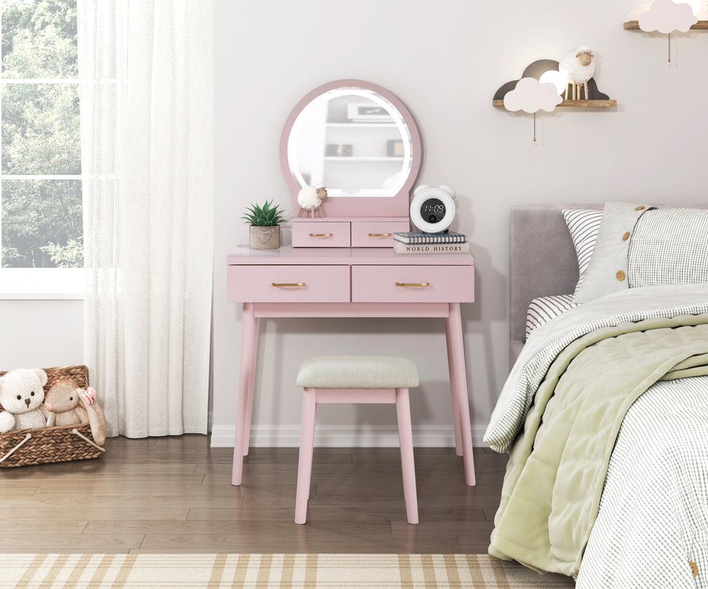 Beautiful Pink Finish Vanity Dresser with Mirror and Stool Set Storage Drawers Bedroom Furniture 1pc