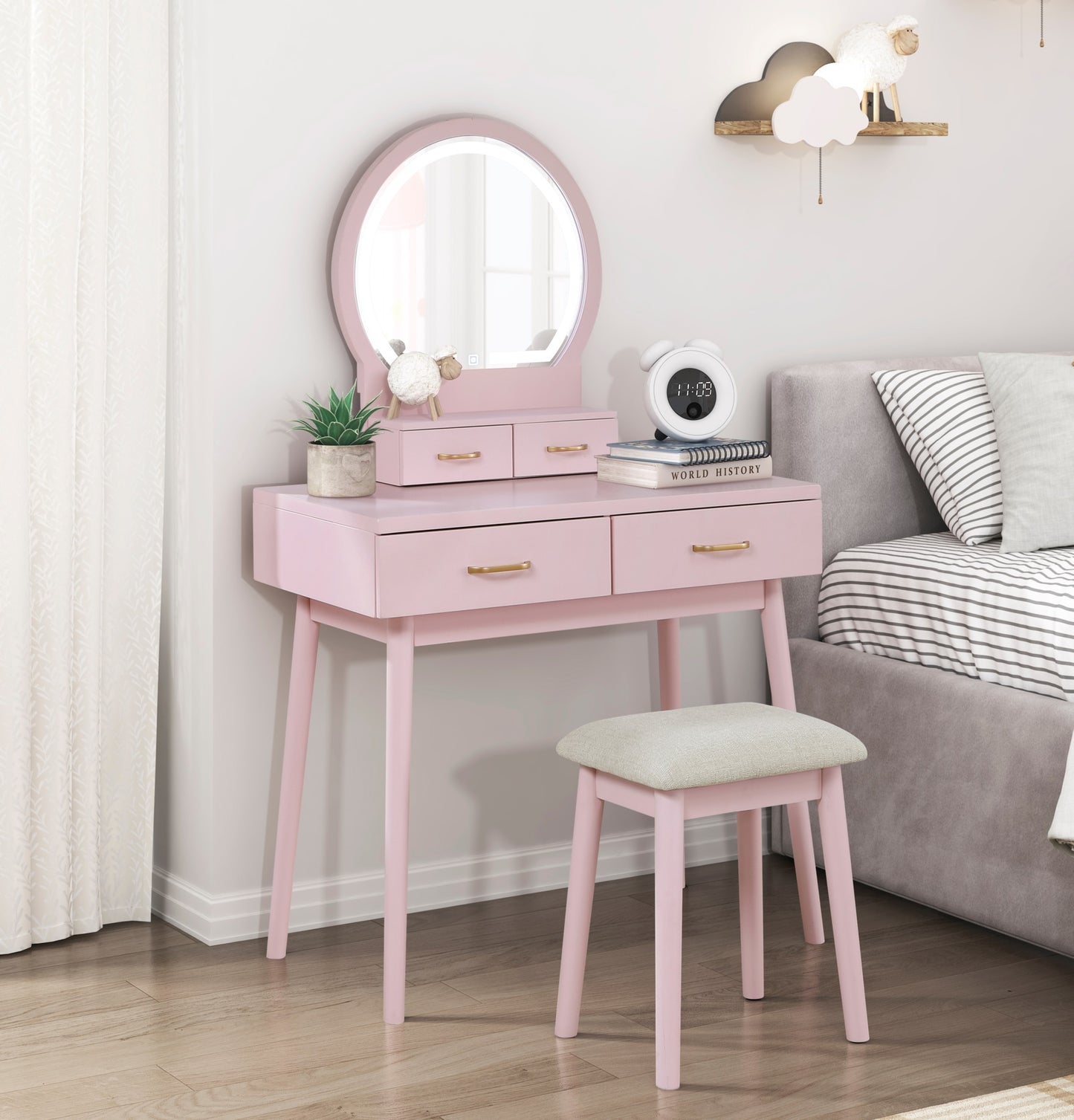 Beautiful Pink Finish Vanity Dresser with Mirror and Stool Set Storage Drawers Bedroom Furniture 1pc
