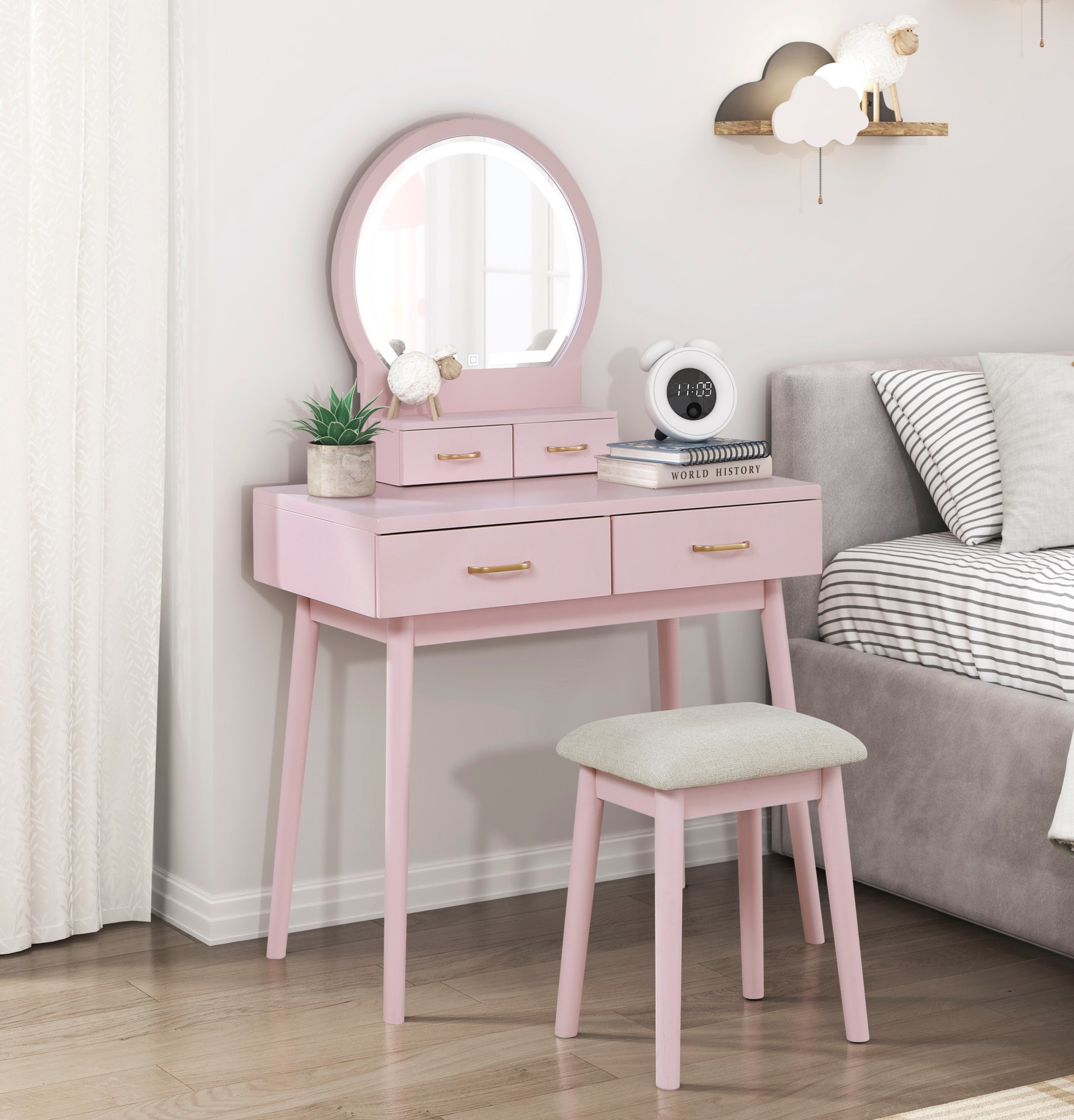 Beautiful Pink Finish Vanity Dresser with Mirror and Stool Set Storage Drawers Bedroom Furniture 1pc