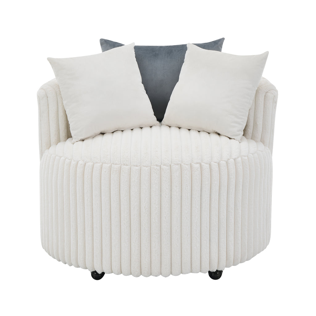 Malna Plush Wide Wale Corduroy Upholstered Barrel Accent Chair with Wheels, Off-white