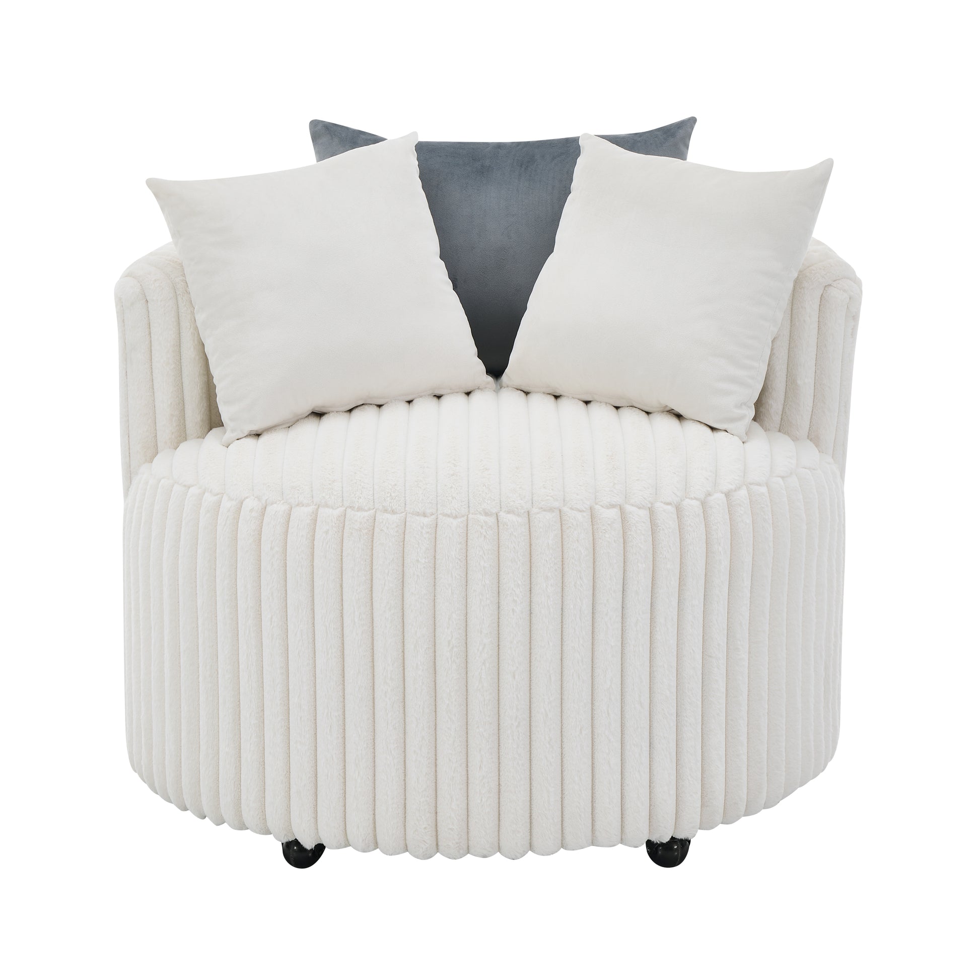 Malna Plush Wide Wale Corduroy Upholstered Barrel Accent Chair with Wheels, Off-white