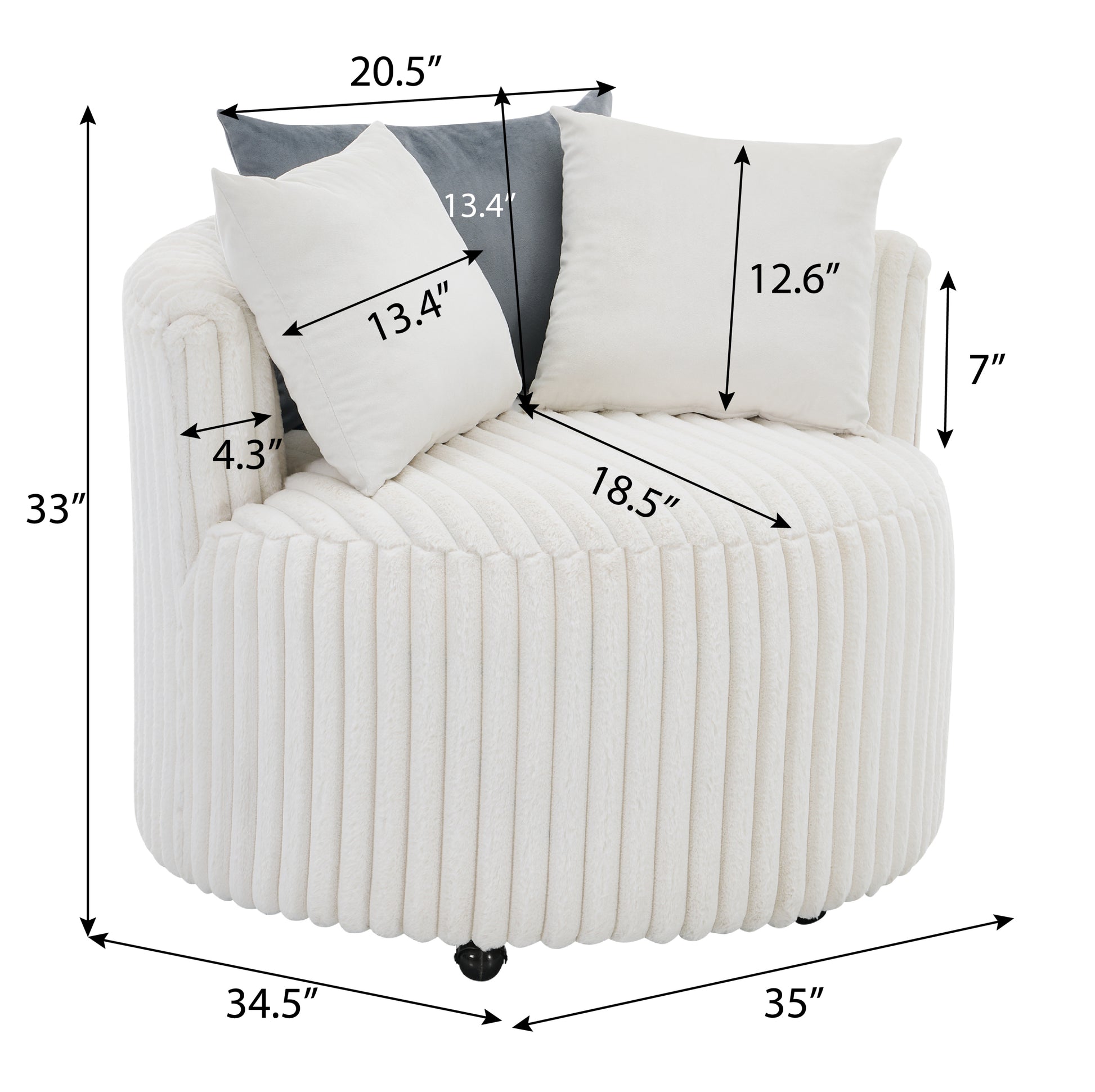 Malna Plush Wide Wale Corduroy Upholstered Barrel Accent Chair with Wheels, Off-white