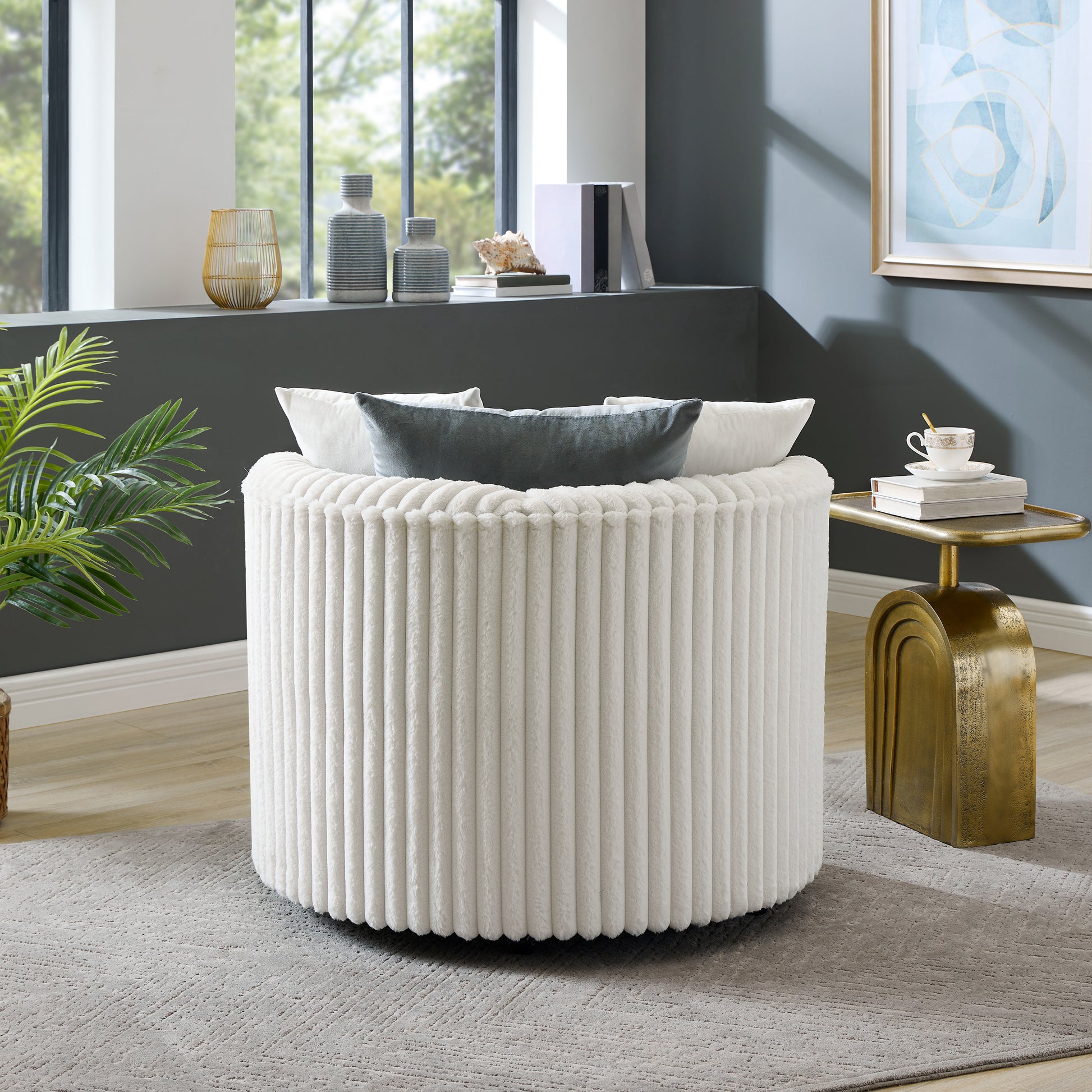 Malna Plush Wide Wale Corduroy Upholstered Barrel Accent Chair with Wheels, Off-white