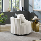 Malna Plush Wide Wale Corduroy Upholstered Barrel Accent Chair with Wheels, Off-white