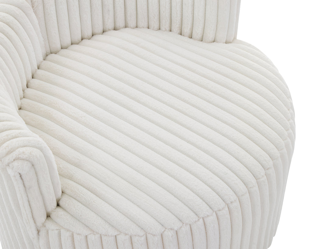 Malna Plush Wide Wale Corduroy Upholstered Barrel Accent Chair with Wheels, Off-white