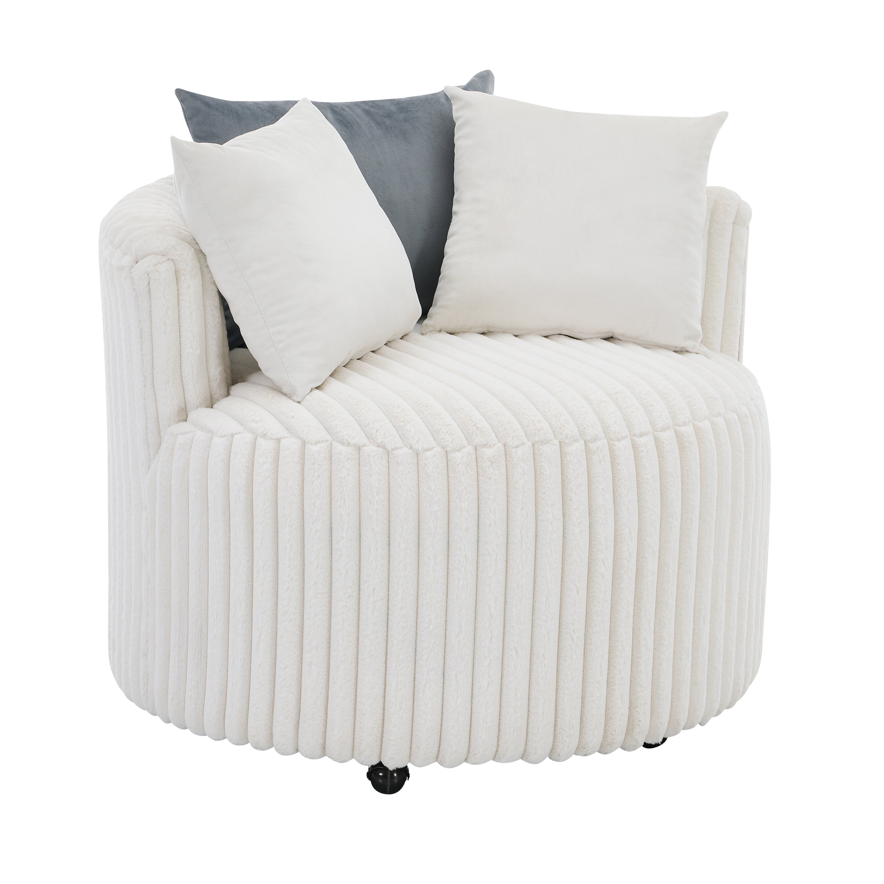 Malna Plush Wide Wale Corduroy Upholstered Barrel Accent Chair with Wheels, Off-white