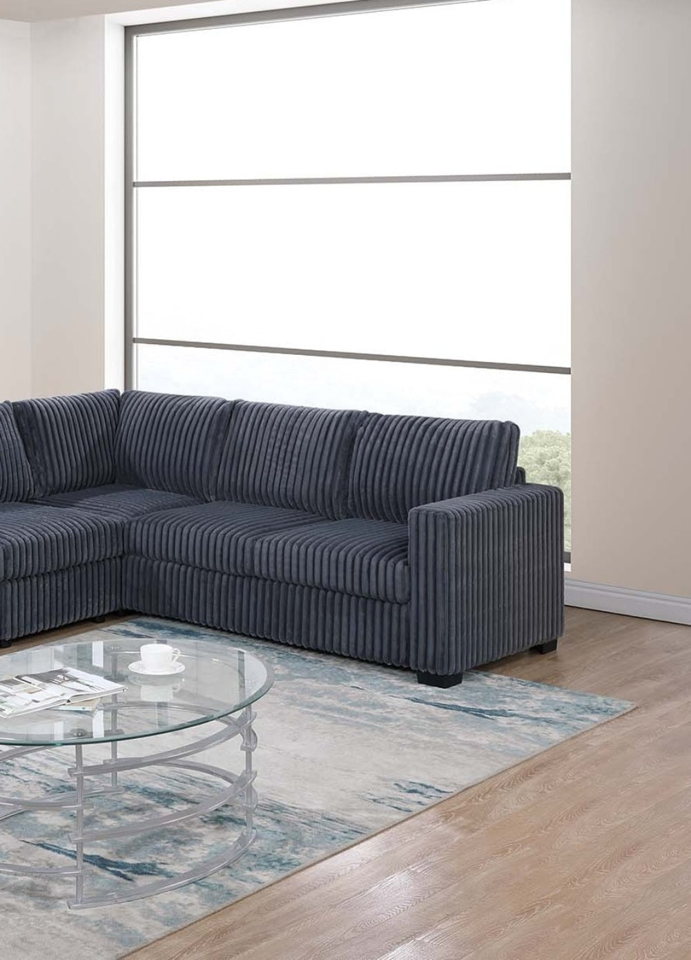 Elegant 4-Pc Sectional Set Dark Gray One Arm Loveseat Corner Wedge Armless Chair Corduroy Upholstered L-Shaped Plush Couch