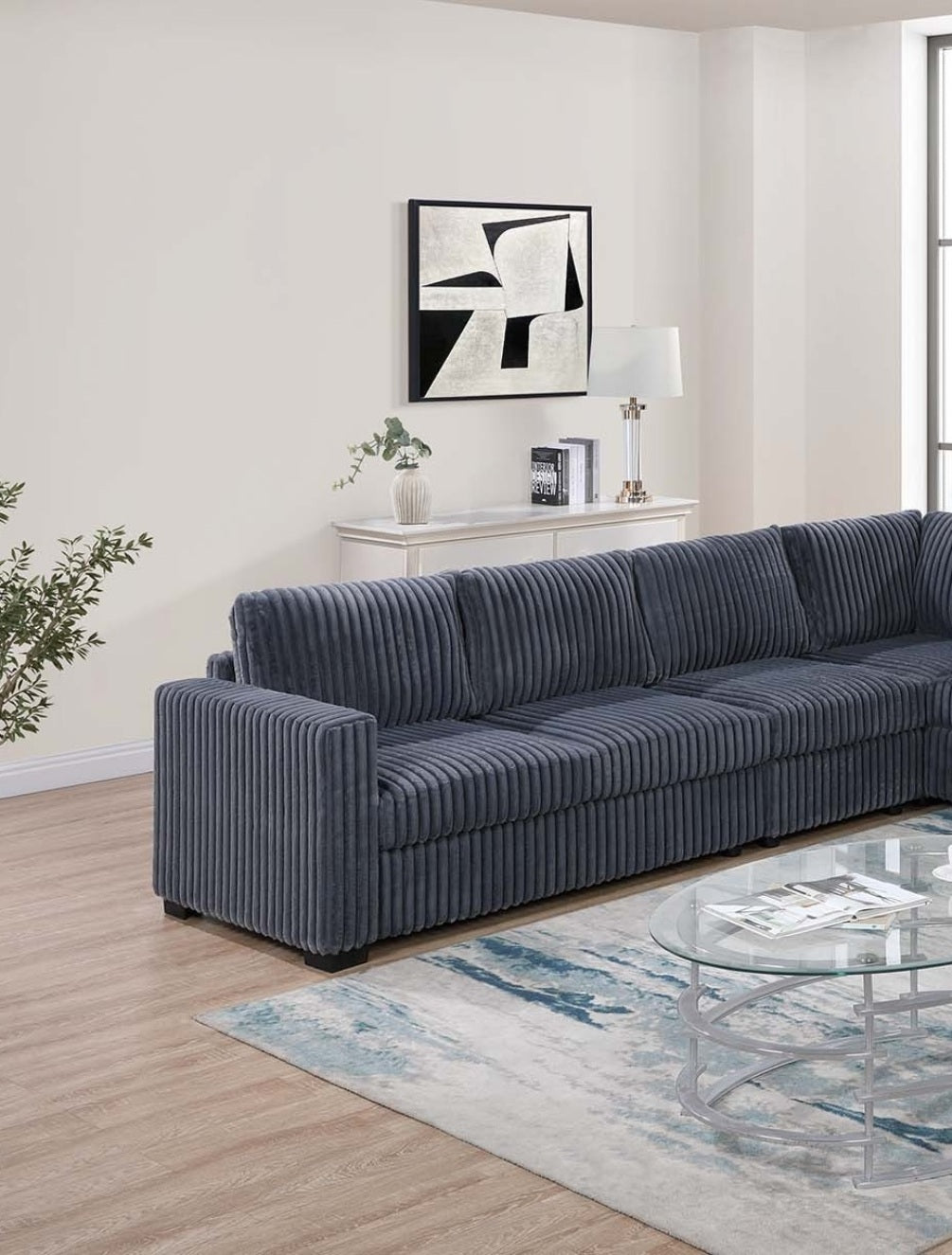 Elegant 4-Pc Sectional Set Dark Gray One Arm Loveseat Corner Wedge Armless Chair Corduroy Upholstered L-Shaped Plush Couch