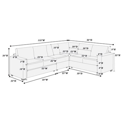 Elegant 4-Pc Sectional Set Dark Gray One Arm Loveseat Corner Wedge Armless Chair Corduroy Upholstered L-Shaped Plush Couch