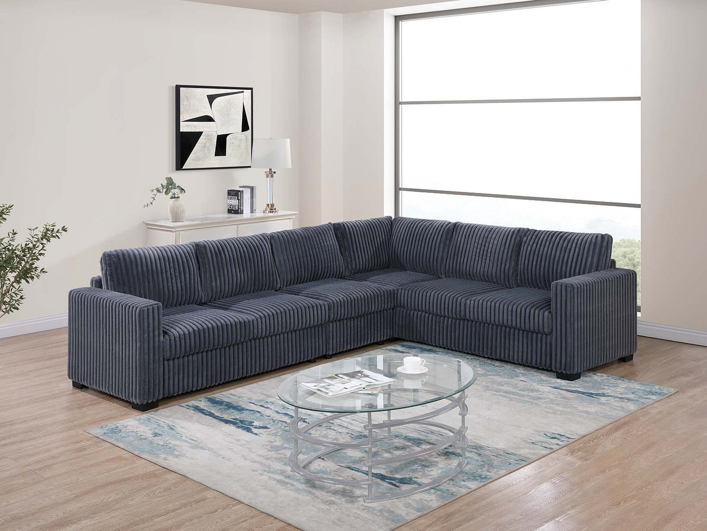 Elegant 4-Pc Sectional Set Dark Gray One Arm Loveseat Corner Wedge Armless Chair Corduroy Upholstered L-Shaped Plush Couch