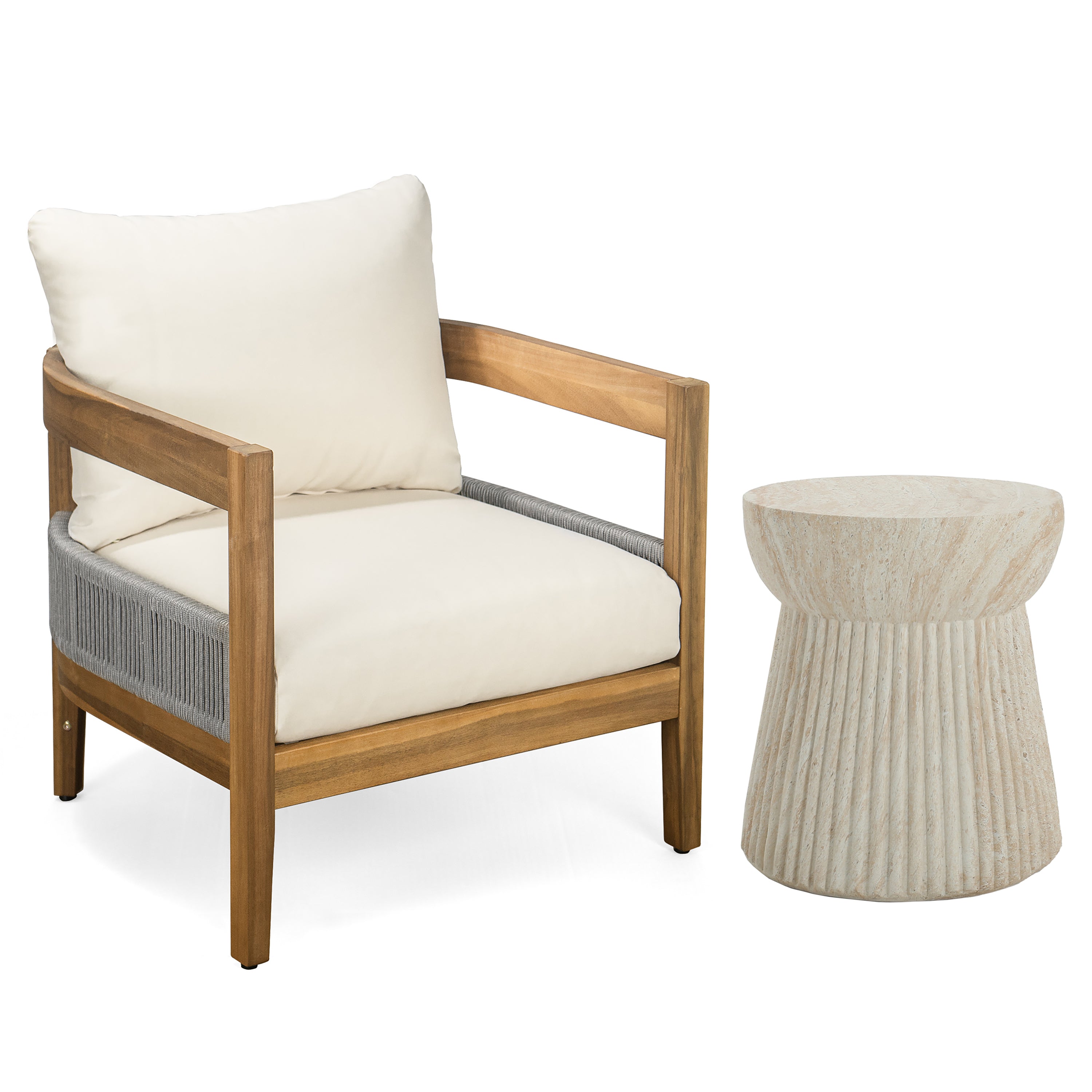 Porto Outdoor Club Chair And Concrete Travertine Side Table, Teak+Beige Outdoor Chairs