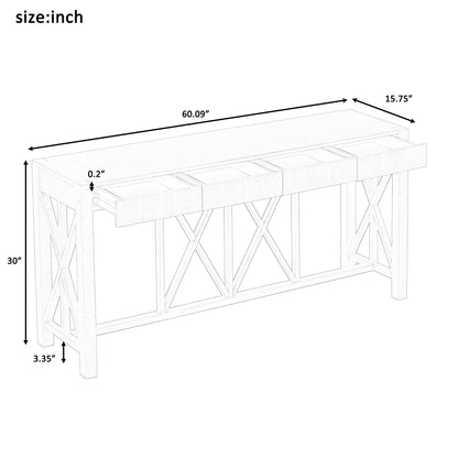 U_Style 60''Acacia Veneer Console Table with 4 Spacious Drawers, Modern Crisscross Design Entryway Table with Open Bottom Storage,Farmhouse Sofa Table for Living Room,Kitchen,Dining Room,Hallway